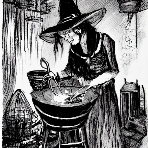 Image similar to a witch adding ingredients to her cauldron, concept art, ambient lighting lit only by the fires glow