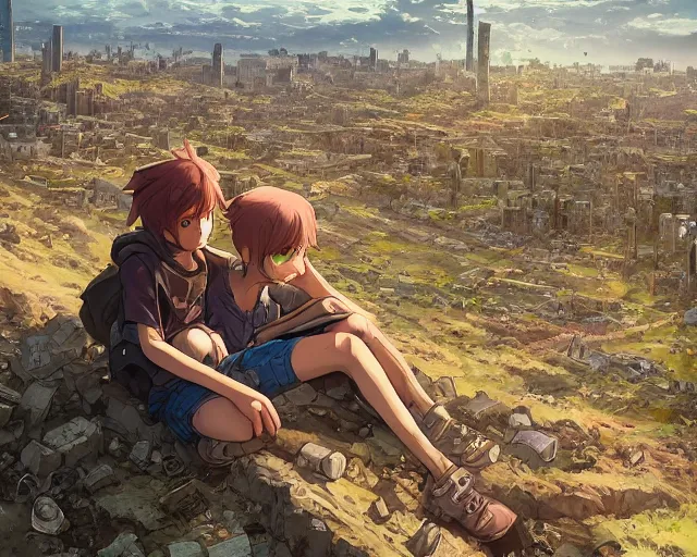 Prompt: a boy and a girl sitting on a hill overlooking the apocalyptic ruins of a city, rubble, ruins, post-apocalyptic, gloomy, end of the world, dust. By Makoto Shinkai, Stanley Artgerm Lau, WLOP, Rossdraws, James Jean, Andrei Riabovitchev, Marc Simonetti, krenz cushart, Sakimichan, D&D trending on ArtStation, digital art.