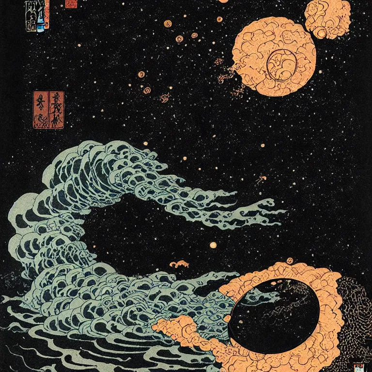 Image similar to black hole with nebula explosion, woodblock print by hokusai and victo ngai, behance contest winner, environmental art, lovecraftian