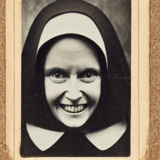 Image similar to antique photograph of an evil catholic nun, evil eyes, horror, looking at the camera, evil smile, sharp teeth, headshot