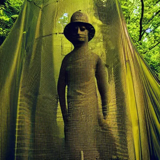 Prompt: “giant ancient statue wrapped in translucent yellow mesh tarps in a dense jungle”