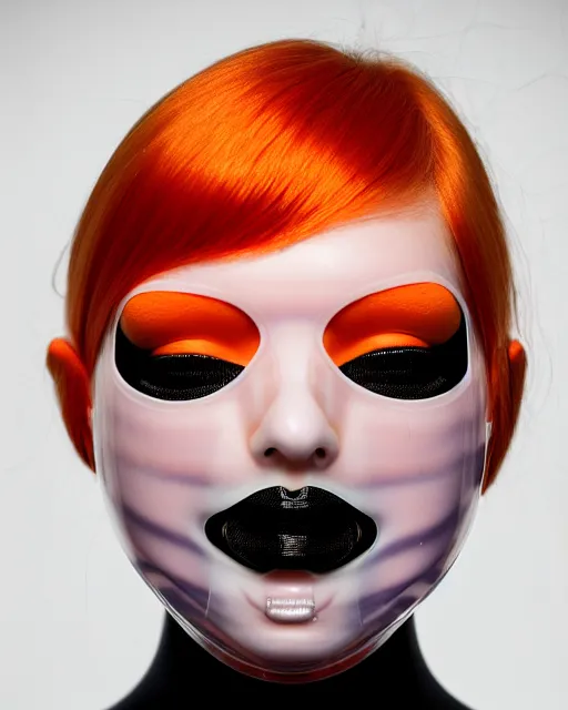 Prompt: symmetrical close - up portrait of a woman wearing a translucent silicone beauty mask and orange hair, wearing a black bodysuit by alexander mcqueen, black background, soft diffused light, biotechnology, humanoide robot, bjork aesthetic, translucent, by rineke dijkstra, intricate details, highly detailed, masterpiece,