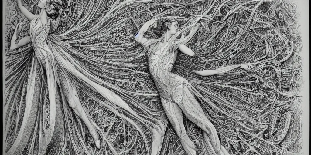 Image similar to hyper detailed bw linear pencil drawing, woman ballet dancer, organic symmetric shapes by ernst haeckel