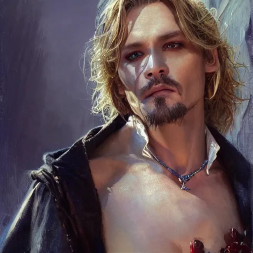 Image similar to detailed cinematic wide shot of beautiful attractive blonde vampire jhonny depp slim face symettrical face clean skin blue eyes black robe smooth, sharp focus, ultra realistic, spring light, painting by gaston bussiere, craig mullins, j. c. leyendecker