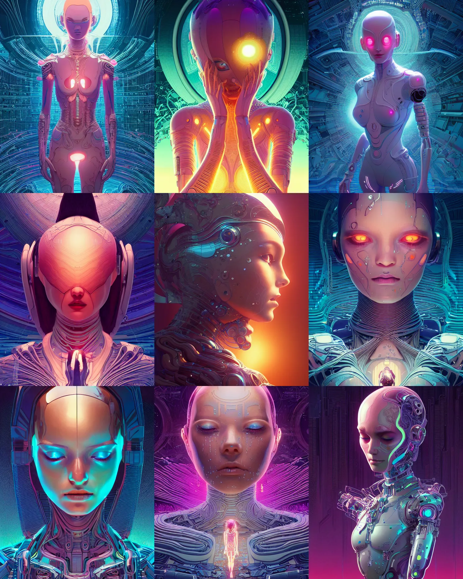Prompt: the birth, ultra detailed, beautiful female android in tears, crying. scifi, fantasy, asymmetrical, intricate detailed environment, global illumination, vector art, concept art, digital illustration. by moebius abnd james jean and artgerm and wlop and liam brazier and victo ngai and tristan eaton.