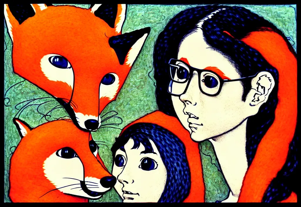 Image similar to portrait of a fox and a ( nerdy ) woman enveloped in yarn thinking of ( seventies art horror ) movies about death and chaos, by norman rockwell, pixar, studio ghibli, toei, mc escher, intricate line work, beautiful, complete light occlusion, hyper realism, trending on pinterest, artstation 8 k