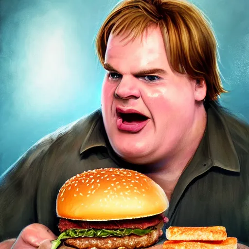 Prompt: Chris Farley eating massive hamburgers, extra onions and ketchup, luscious patty with sesame seeds, feminine ethereal, delicate fingers, subsurface scattering skin, handsome, D&D, fantasy, intricate, elegant, highly detailed, digital painting, artstation, concept art, matte, sharp focus, illustration, art by Thomas-Montacellinio