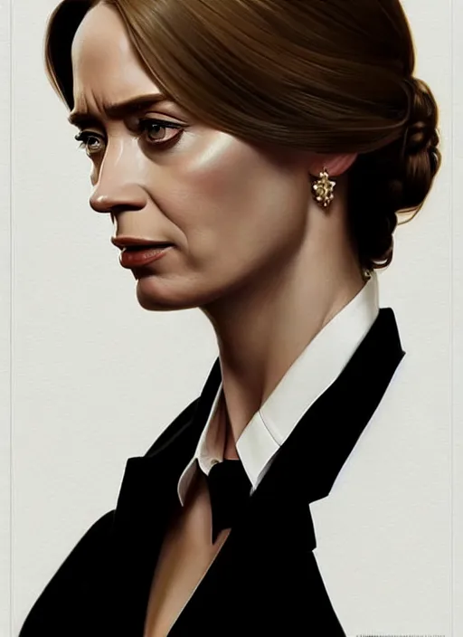 Image similar to portrait of emily blunt as business woman, black suit, white shirt, black tie, boss, intricate, headshot, highly detailed, digital painting, artstation, concept art, sharp focus, cinematic lighting, illustration, art by artgerm and greg rutkowski, alphonse mucha, cgsociety