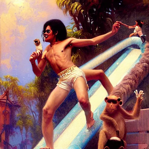 Image similar to michael jackson going down a waterslide with a monkey, highly detailed painting by gaston bussiere, j. c. leyendecker, greg rutkowski, craig mullins 8 k