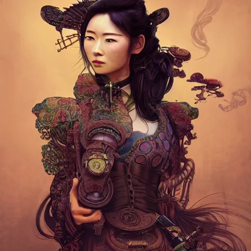 Prompt: steampunk rugged Chinese lady, surreal, dramatic lighting, face, detailed, intricate, elegant, highly detailed, digital painting, concept art, smooth, sharp focus, illustration, art by Sam Spratt, Dan Mumford, Artem Demura and Alphonse Mucha