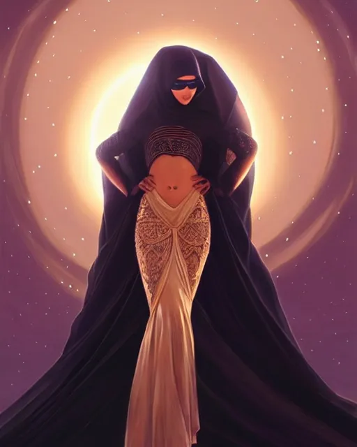 Image similar to Portrait of very very very very very very beautiful Arab woman wearing a Niqab, glowing magical eyes, energy trails, under giant full moon in the desert, intricate, elegant, highly detailed, digital painting, artstation, concept art, smooth, sharp focus, illustration, art by artgerm and greg rutkowski and alphonse mucha