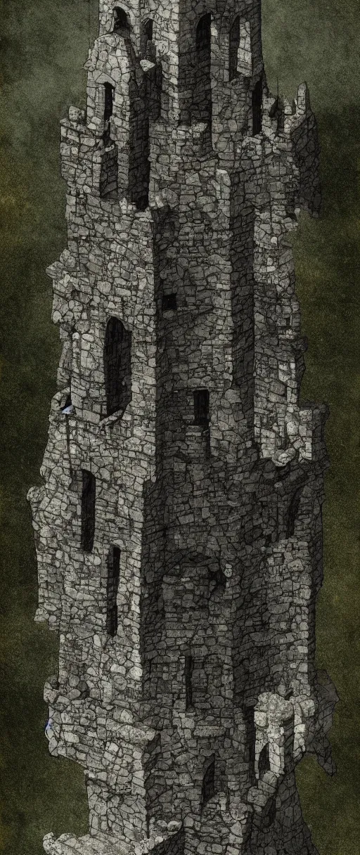 Prompt: lord of the rings high medieval tower with dark stones. the tower is on a hill. there are stone ruins at the bottom. a dark forest is all around the tower. illustration on artstation