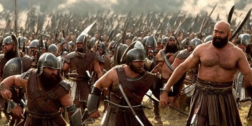 Image similar to Danny Devito as Leonidas, with Leonidas beard, leading Spartans into battle at Battle of Thermopylae, in screenshot from the 300 movie