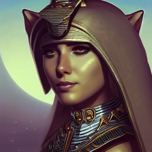 Image similar to Portrait of a cat dressed as a Pharaoh, moon in the background, intricate, elegant, highly detailed, digital painting, artstation, concept art, smooth, sharp focus, illustration, art by artgerm and greg rutkowski and alphonse mucha