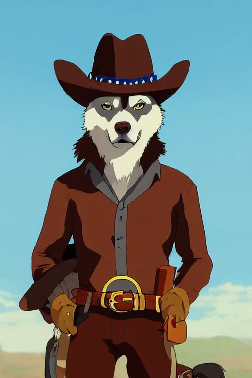 Prompt: a portrait painting of a husky in cowboy costume, wearing a cowboy hat, by studio ghibli, in the style of anime, [ red dead ], [ western film ], humanoid, personify, anthropomorphic, trending on artstation