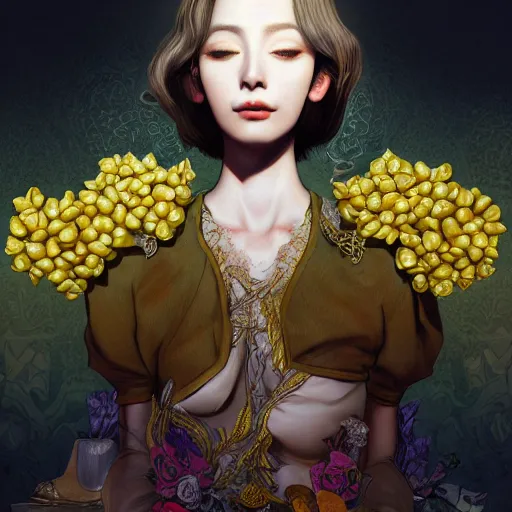 Image similar to the portrait of an absurdly beautiful, graceful, elegant, sophisticated, young idol made up of lemons, an ultrafine hyperdetailed illustration by kim jung gi, irakli nadar, intricate linework, bright colors, octopath traveler, final fantasy, unreal engine 5 highly rendered, global illumination, radiant light, detailed and intricate environment