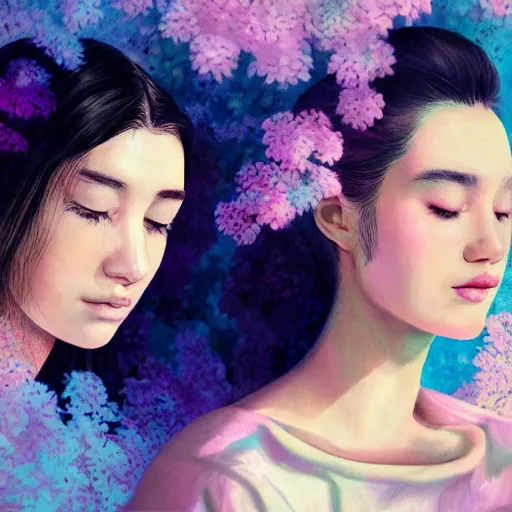Image similar to portrait of the two most beautiful women surrounded by soft florals, vaporwave lighting, dewy skin, concept art, high detail, beautiful, dreamy, procreate
