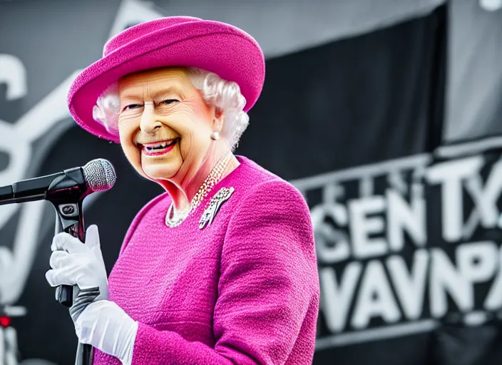 Image similar to photo still of queen elizabeth at vans warped tour!!!!!!!! at age 7 0 years old 7 0 years of age!!!!!!! in the mosh pit, 8 k, 8 5 mm f 1. 8, studio lighting, rim light, right side key light