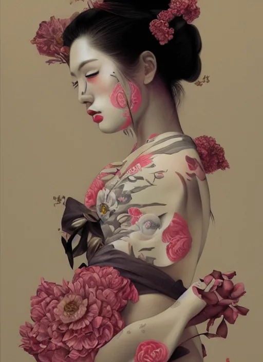 Prompt: pop surrealism, lowbrow art, realistic seductive geisha young girl profile painting, flowers shibari hyper realism, muted colours, rococo, tom bagshaw, trevor brown style,