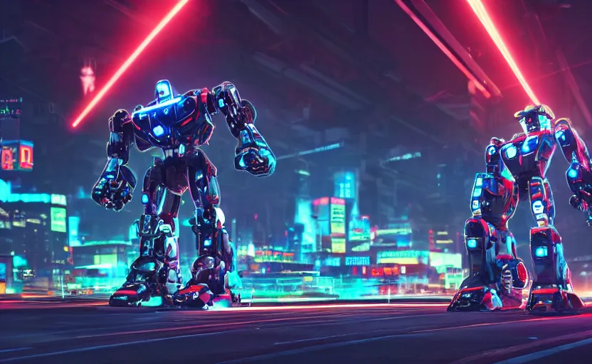 Prompt: macro view of a giant robot of 1 km of hight walking on the small city, tron, close up bokeh hiperrealistic neon glow darkness dramatic neon f - zero ships, sharp focus, octane render, imax