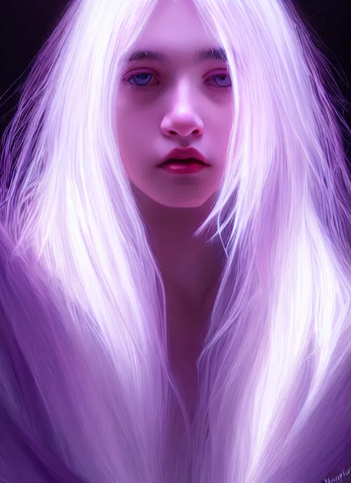 Image similar to hair whitebangs hair, black hair, whitebangs, portrait of teenage girl with white bangs, red irises, purple clothes, white bangs, bangs are different color from hair, intricate, elegant, glowing lights, highly detailed, digital painting, artstation, concept art, smooth, sharp focus, illustration, art by wlop, mars ravelo and greg rutkowski