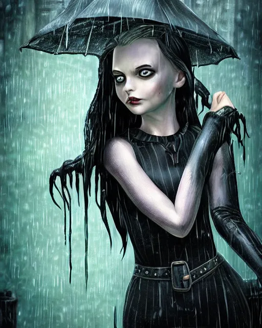 Image similar to An epic fantasy comic book style portrait painting of a very beautiful imposing Industrial goth Wednesday Addams in the rain, wet hair, neon reflections, character design by Mark Ryden and Pixar and Hayao Miyazaki, unreal 5, DAZ, hyperrealistic, octane render, cosplay, RPG portrait, dynamic lighting, intricate detail, cinematic