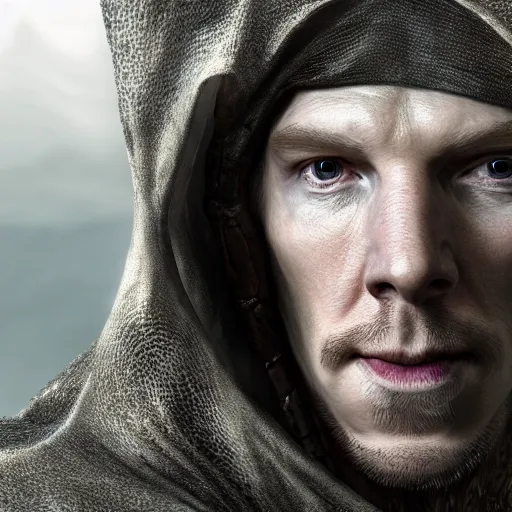 Prompt: a digital art close up portrait of pale benedict cumberbatch as ancient druid mage from dark souls, old witcher with long beard character sheet, 4 k, ultra detail, volumetric lighting, unreal engine, octane render