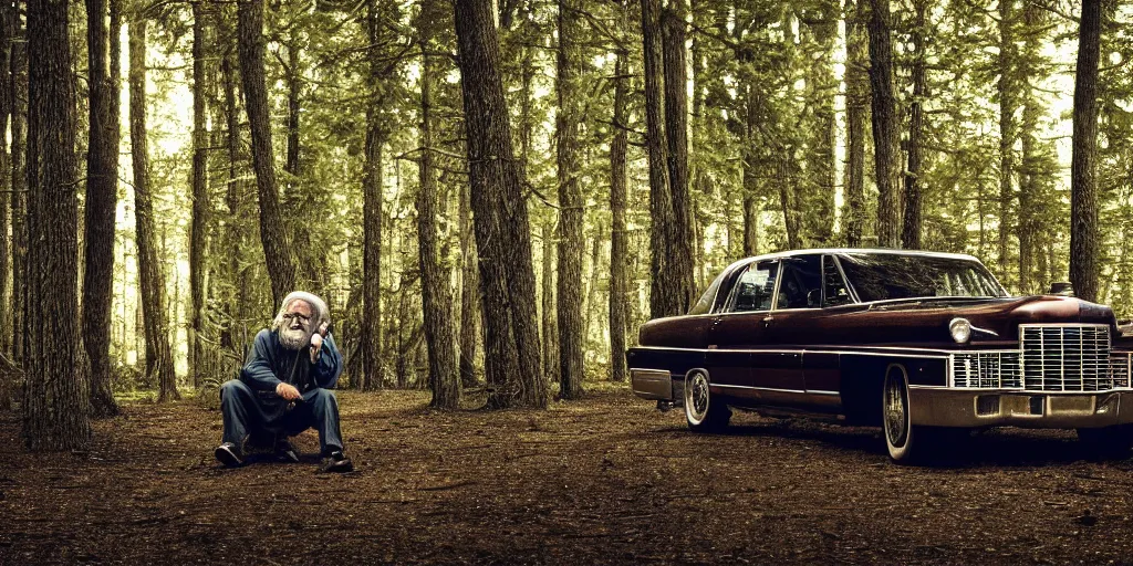 Image similar to a beautiful widescreen photo of a old cadillac in a dark forest, with a old laughing happy old man with long hair, long beard, in a dark forest low light, by dimitri mellos