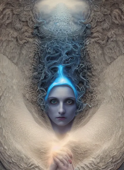 Prompt: Her huge ominous glowing blue eyes staring into my soul , perfect eyes, soft pale white skin, intricate stunning highly detailed, agostino arrivabene, artgerm, twisted dark lucid dream, 8k portrait render, raven angel wings, swirling thick smoke , beautiful lighting, dark fantasy art, cgsociety