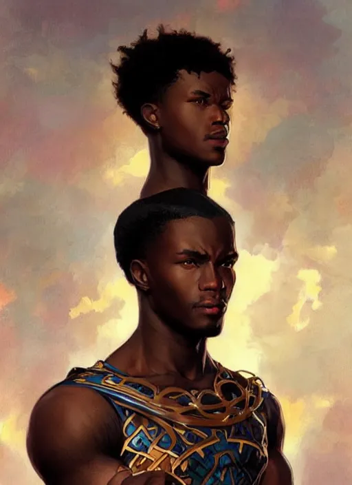 Image similar to young african man. is dressed as a superhero. clean elegant painting, beautiful detailed face. by artgerm and greg rutkowski and alphonse mucha