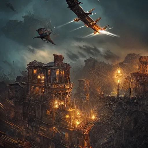 Image similar to a flying steampunk fortress, intricate, behrens style, octane render, fantasy digital art, beautiful composition, trending on artstation, night, meteors, lightning!!! storm, dramatic lighting,