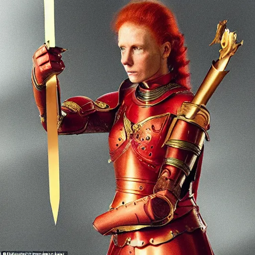 Image similar to a tall, red - haired female knight wearing golden armor and left arm golden prothesis, longer than her right arm. she wields a long golden blade