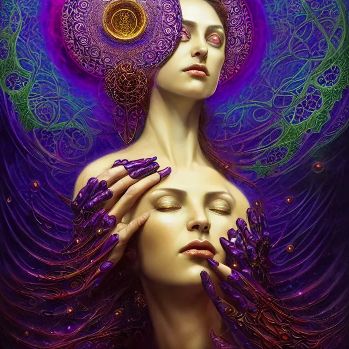 Image similar to depicting a beautiful female radiant holy cleric, in the style of h. p. lovecraft, exuberant organic elegant forms, by karol bak and filip hodas : : 1. 4 purple, red, blue, green, black intricate mandala explosions : : intuit art : : turbulent water backdrop : : damask wallpaper : : atmospheric
