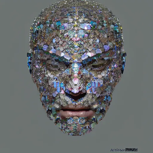 Prompt: portrait of a crystal face made of crystals 3 / 4 bottom view ominous, intricate, studio, art by anthony macbain + greg rutkowski + alphonse mucha, concept art, 4 k, sharp focus