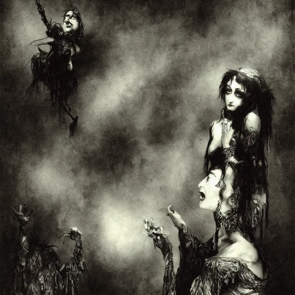 Image similar to siouxsie sioux, creepy atmosphere, dark, portrait, realistic, very realistic, illustration by gustave dore