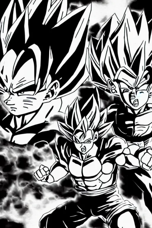 Image similar to realistic drawing of goku fighting vegeta in black and white on the planet namek