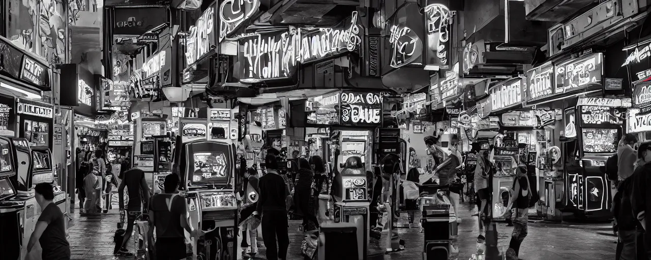 Image similar to A photograph from the 80's of a busy arcade, XF IQ4, 150MP, 50mm, F1.4, ISO 200, 1/160s, natural light