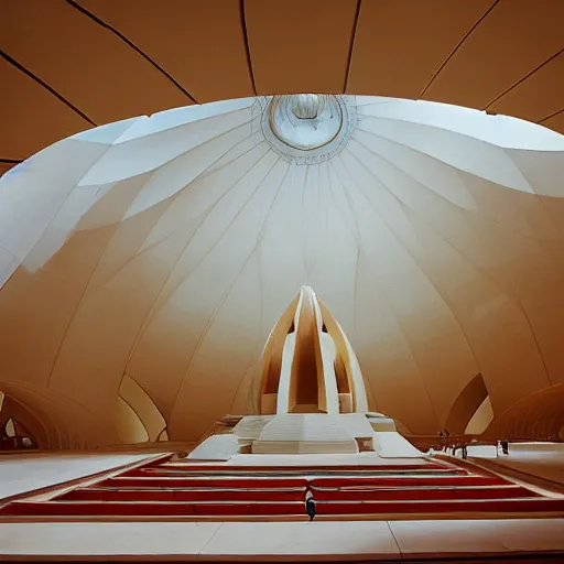 Image similar to interior of a futuristic lotus temple with gold, red and white marble panels, in the desert, by buckminster fuller and syd mead, intricate contemporary architecture, photo journalism, photography, cinematic, national geographic photoshoot