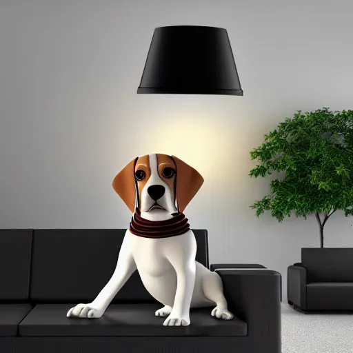 Image similar to a large lamp, shaped as a 3d beagle puppy head, placed in a large living room, art designers magazine HD photo superrealism 3d 8k resolution