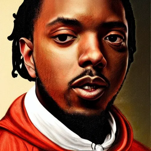 Image similar to a renaissance style portrait painting of kendrick lamar