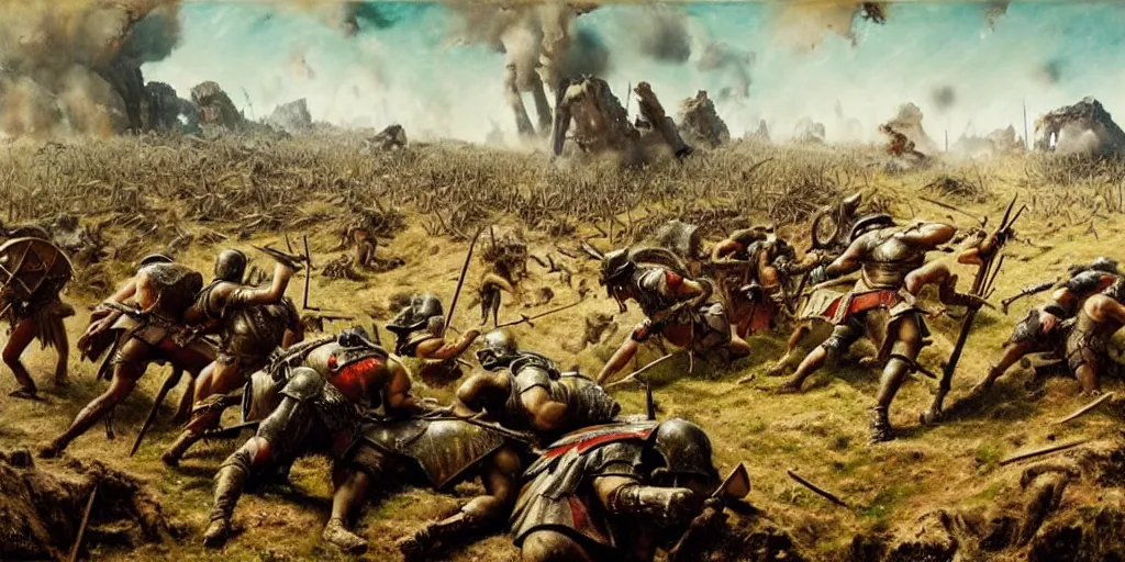 Image similar to scene from ancient battlefield, painting by otto dix and greg rutkowski, 8 k