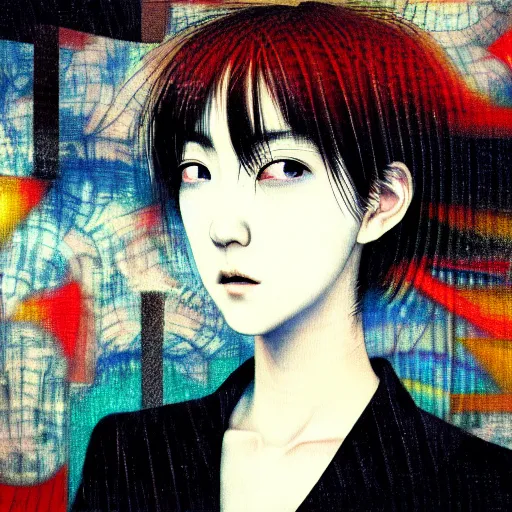 Image similar to yoshitaka amano blurred and dreamy realistic three quarter angle portrait of a young woman with short hair and black eyes wearing office suit with tie, junji ito abstract patterns in the background, satoshi kon anime, noisy film grain effect, highly detailed, renaissance oil painting, weird portrait angle, blurred lost edges