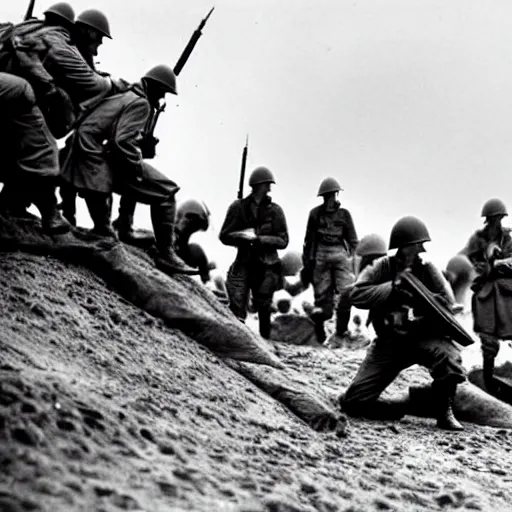 Image similar to wwii, black and white, photography, superheroes and marines on d - day