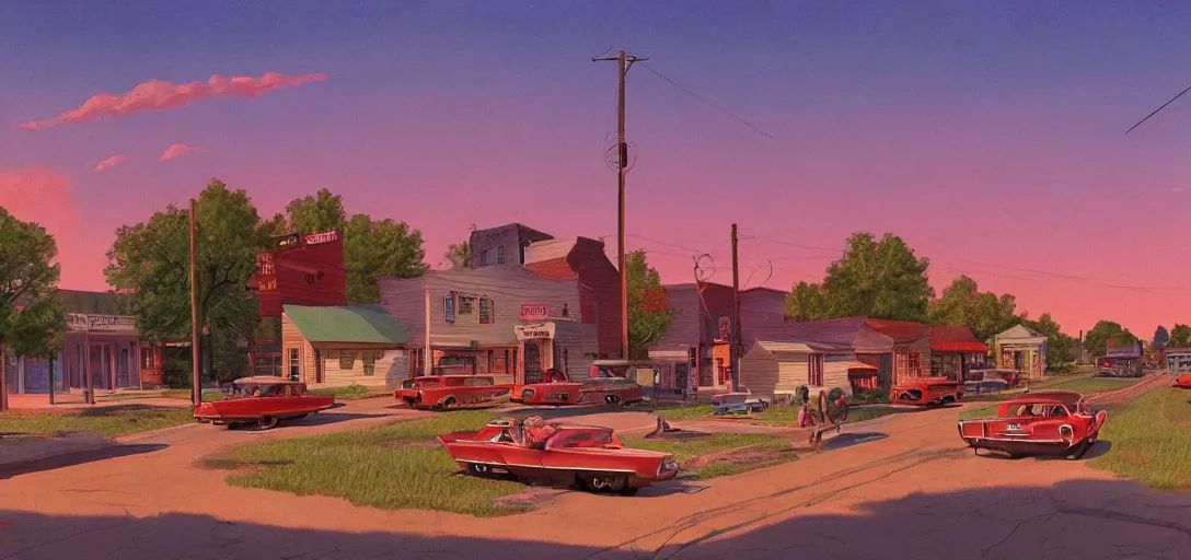 Image similar to concept art of a small rural town in middle America in the 1960s, detailed, Americana, golden hour