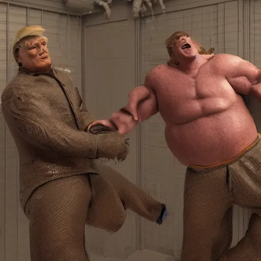 Prompt: trump crying as a large man dances on him from behind in a prison cell, intricate detail, finely detailed, small details, extra detail, photorealistic, high resolution, vray, hdr, hyper detailed, insane details, intricate, elite, ornate, elegant, luxury, dramatic lighting, octane render, weta digital, micro details, 3 d sculpture