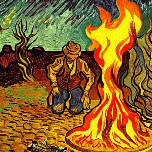 Prompt: painting of a man in hell making smores, fire, hot, bag of marshmallows, by van gogh.
