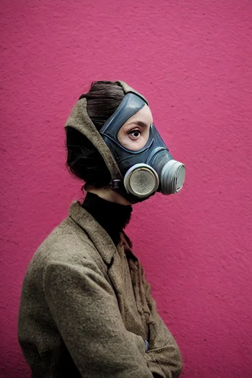 Image similar to a surreal portrait of intertwined and contorted figures wearing gas mask next to a pink wall in the style of brooke didonato, editorial fashion photography from vogue magazine, full shot, nikon d 8 1 0, ƒ / 2. 5, focal length : 8 5. 0 mm, exposure time : 1 / 8 0 0, iso : 2 0 0