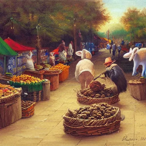 Image similar to outdoor market for bunnies, rennesaince painting hd