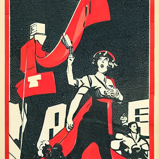 Prompt: soviet anime girl holding a red banner, brutalist art style, propaganda poster, 1 9 0 0 s, socialist