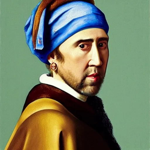 Image similar to Nicholas Cage with a Pearl Earring, Painting by Johannes Vermeer